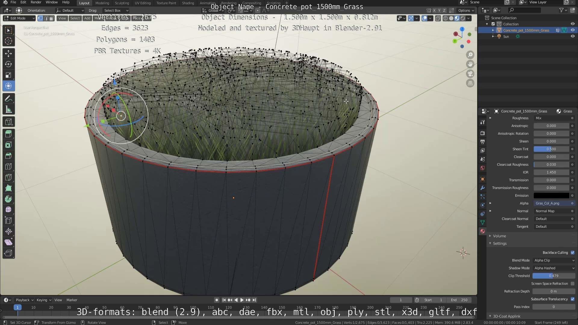 Concrete Pipe Pots with Grass 1500mm  Low-poly 3D model_78