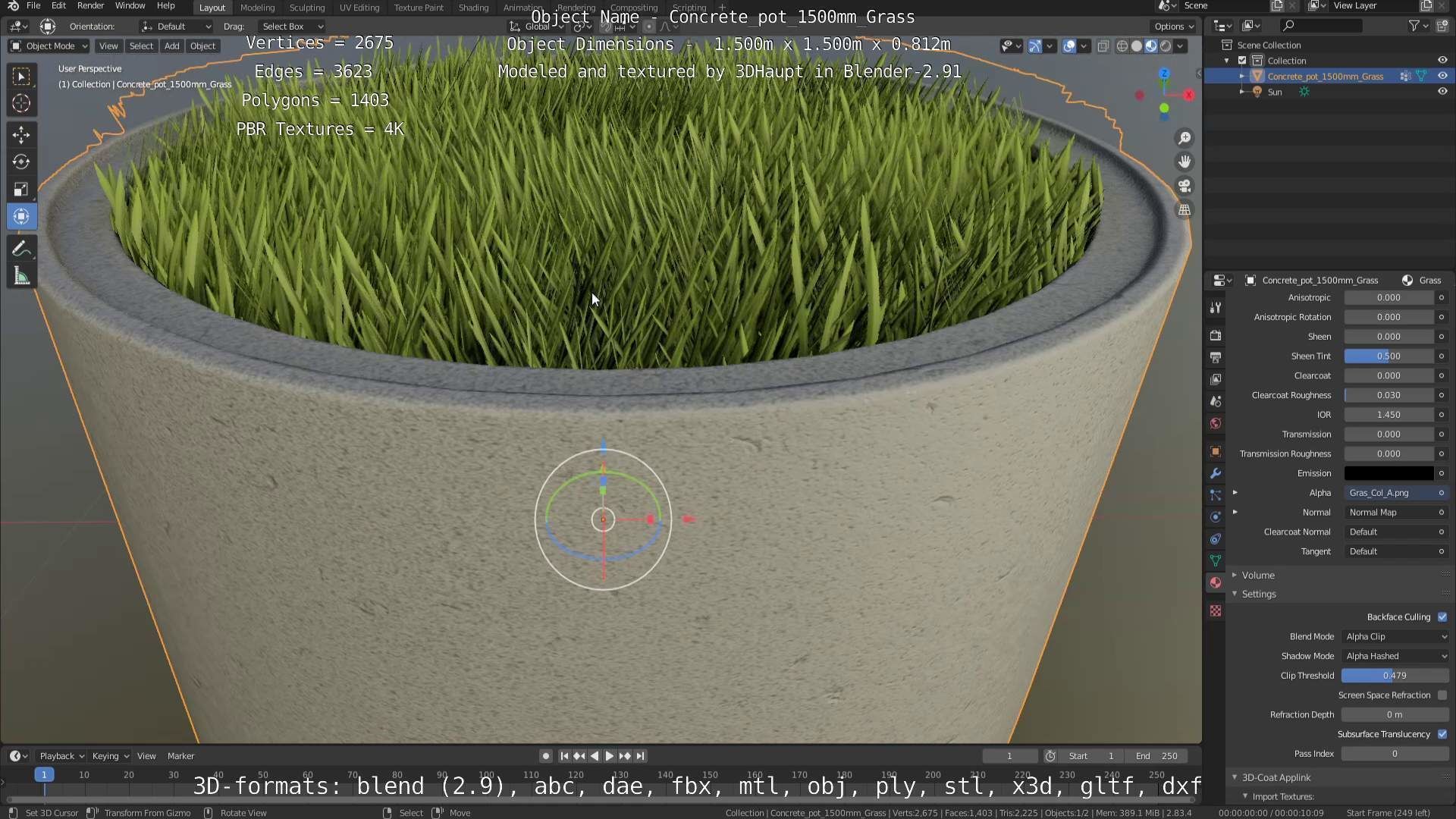 Concrete Pipe Pots with Grass 1500mm  Low-poly 3D model_42