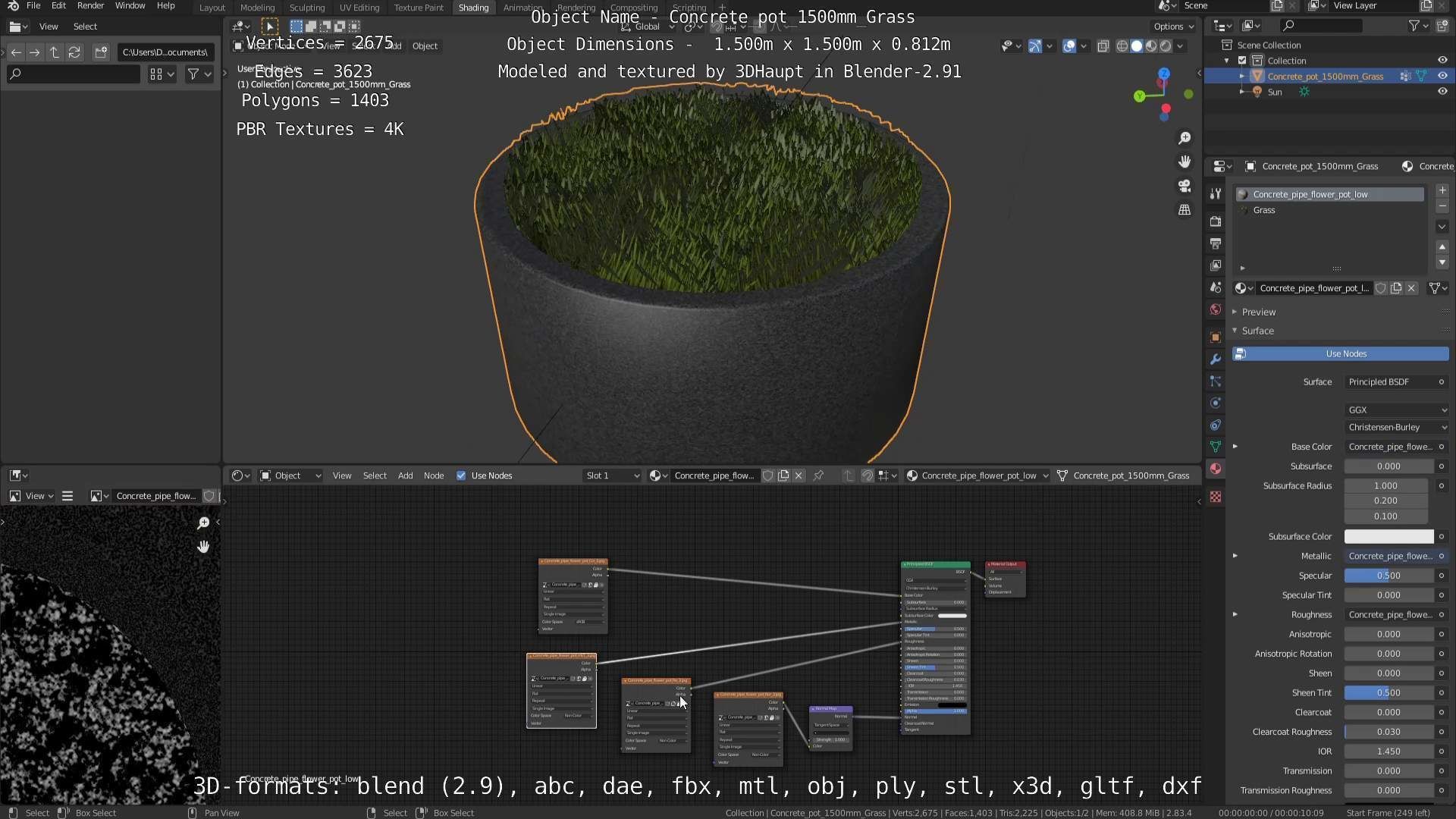 Concrete Pipe Pots with Grass 1500mm  Low-poly 3D model_48