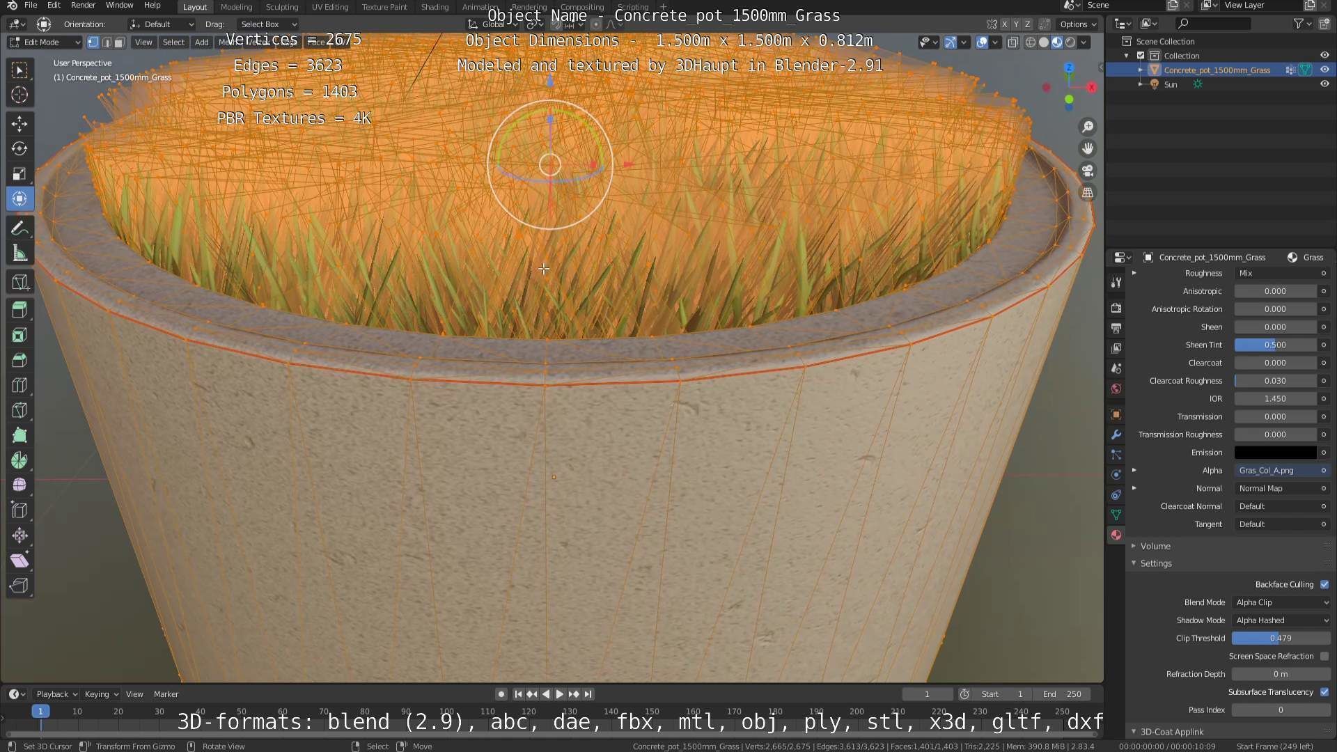 Concrete Pipe Pots with Grass 1500mm  Low-poly 3D model_41