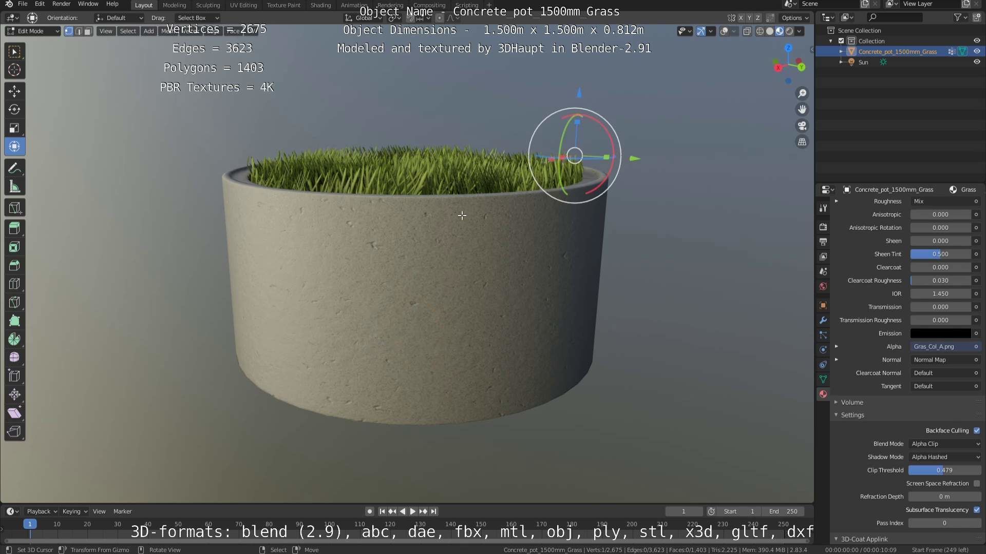 Concrete Pipe Pots with Grass 1500mm  Low-poly 3D model_67