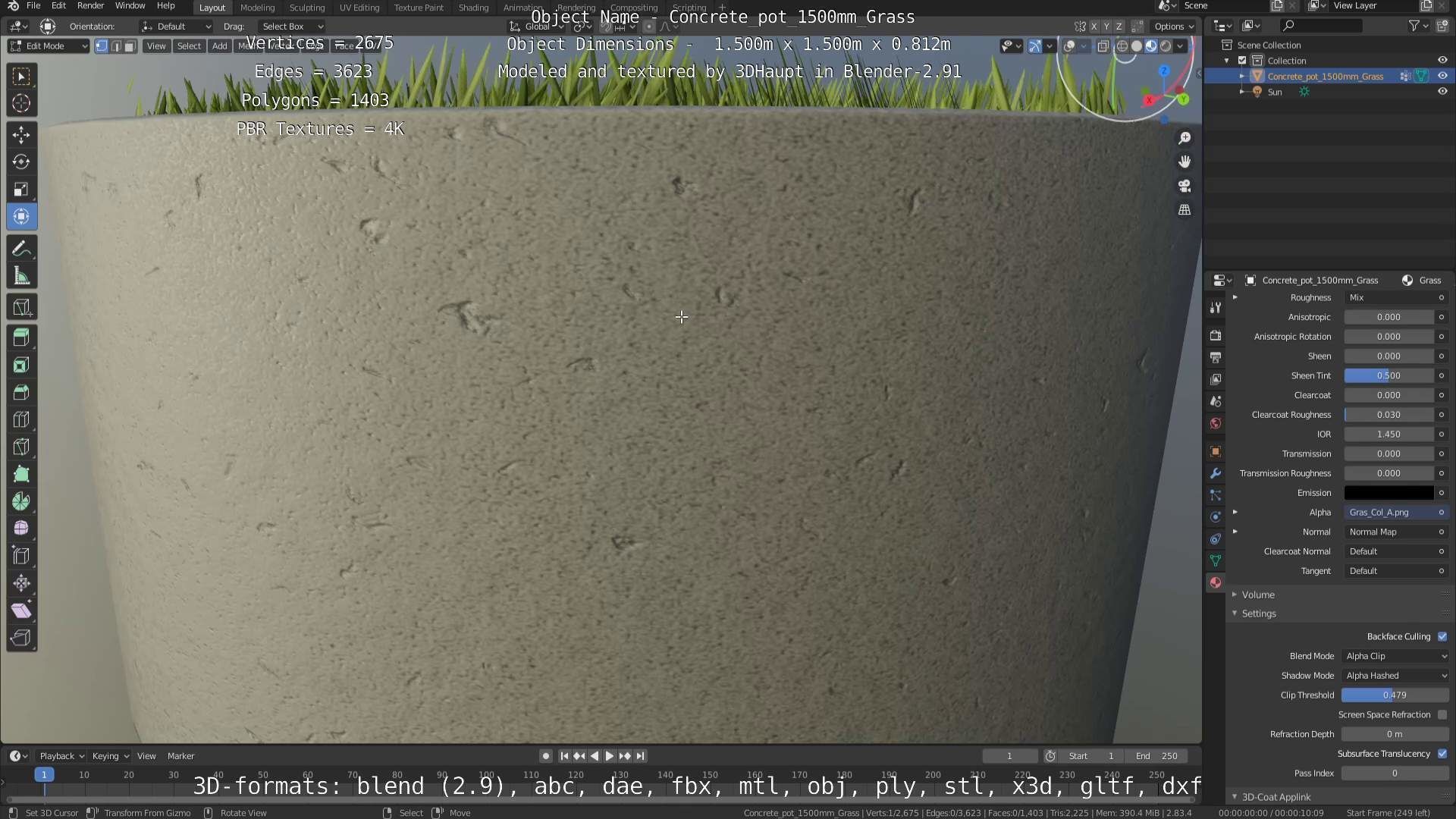 Concrete Pipe Pots with Grass 1500mm  Low-poly 3D model_76