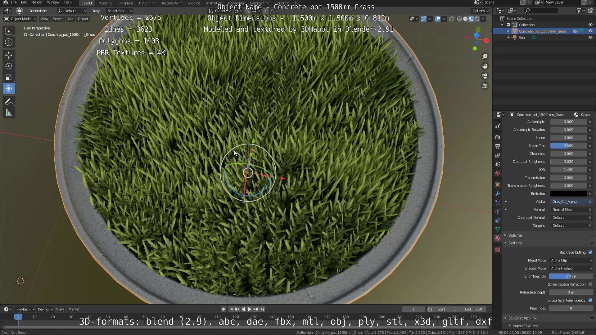 Concrete Pipe Pots with Grass 1500mm  Low-poly 3D model_79