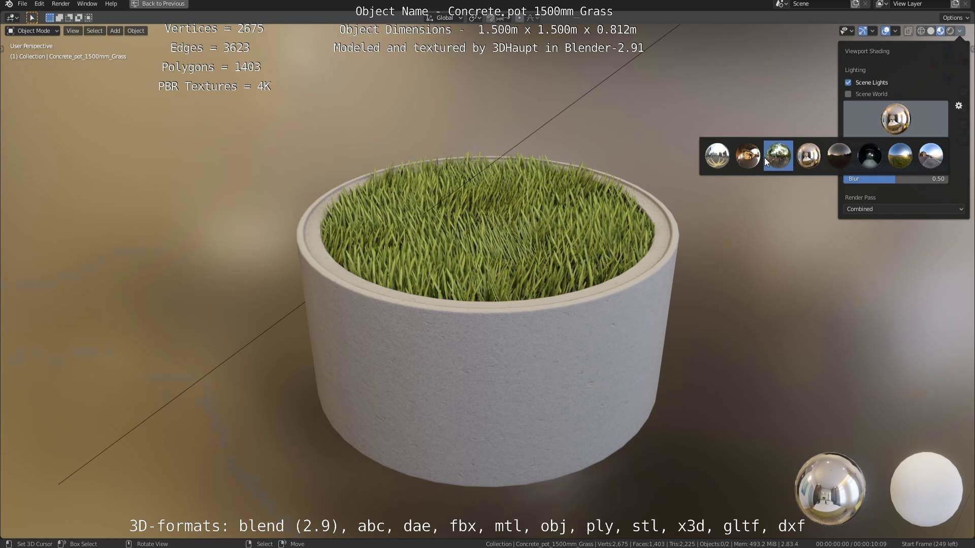Concrete Pipe Pots with Grass 1500mm  Low-poly 3D model_19