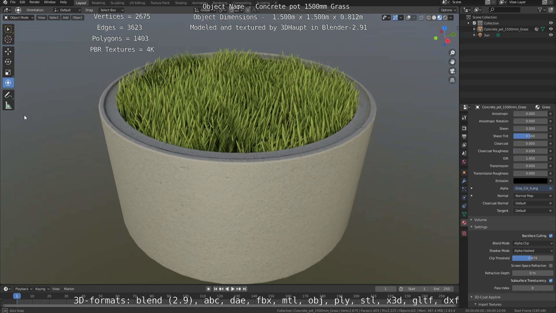 Concrete Pipe Pots with Grass 1500mm  Low-poly 3D model_61