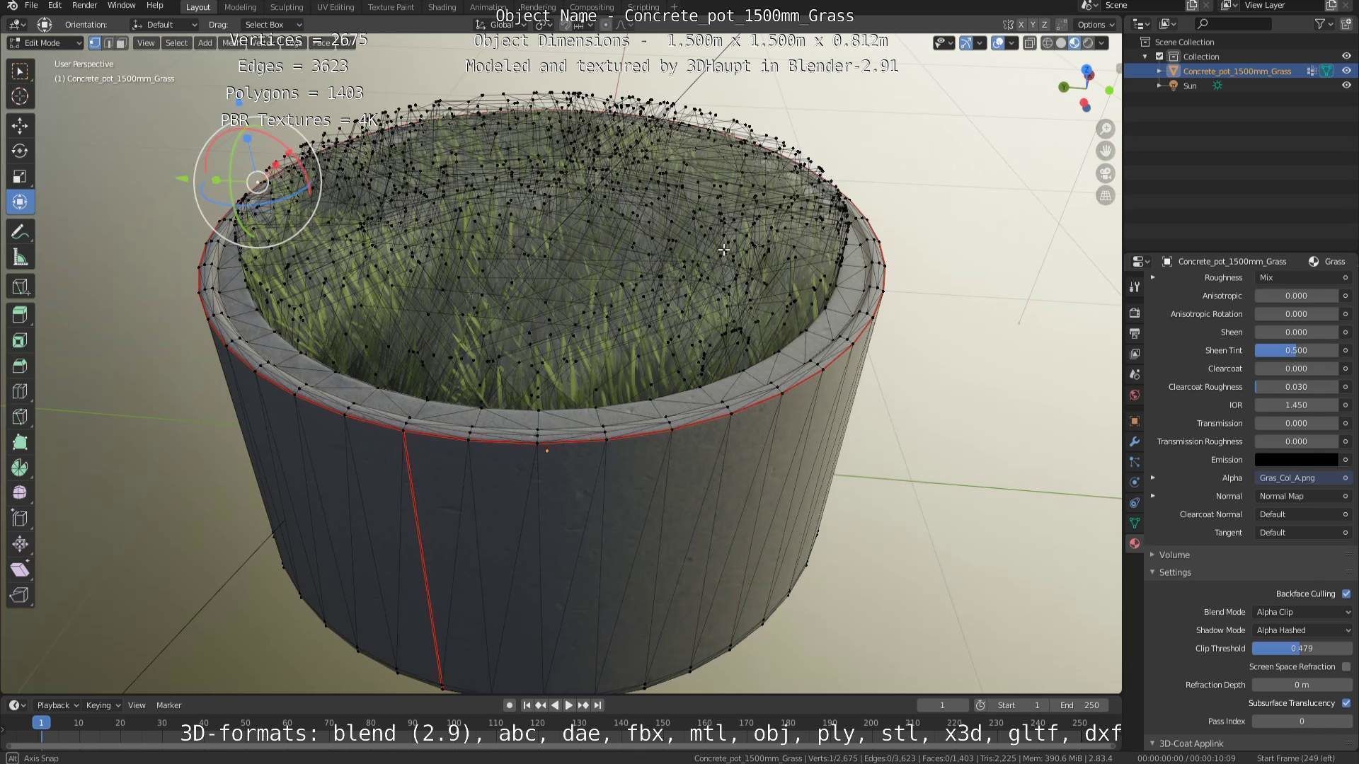 Concrete Pipe Pots with Grass 1500mm  Low-poly 3D model_102