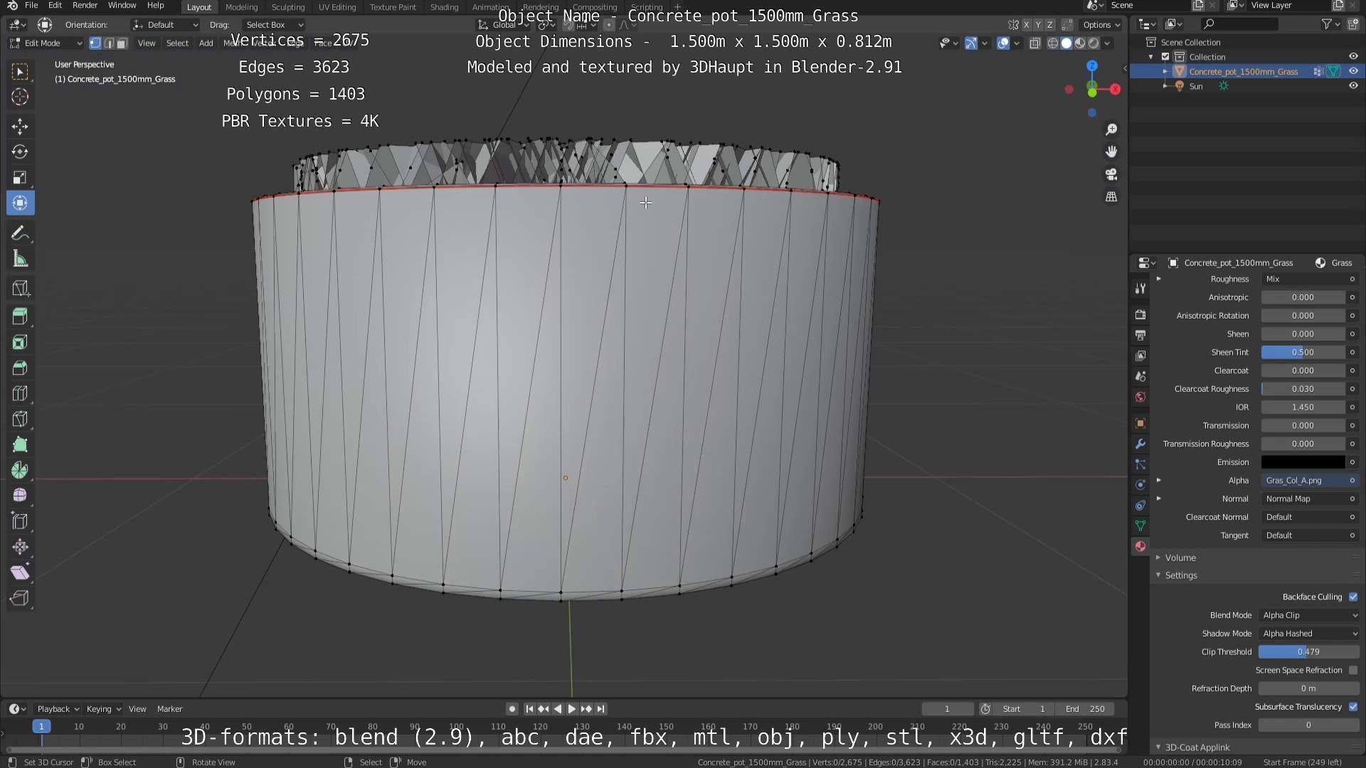 Concrete Pipe Pots with Grass 1500mm  Low-poly 3D model_43
