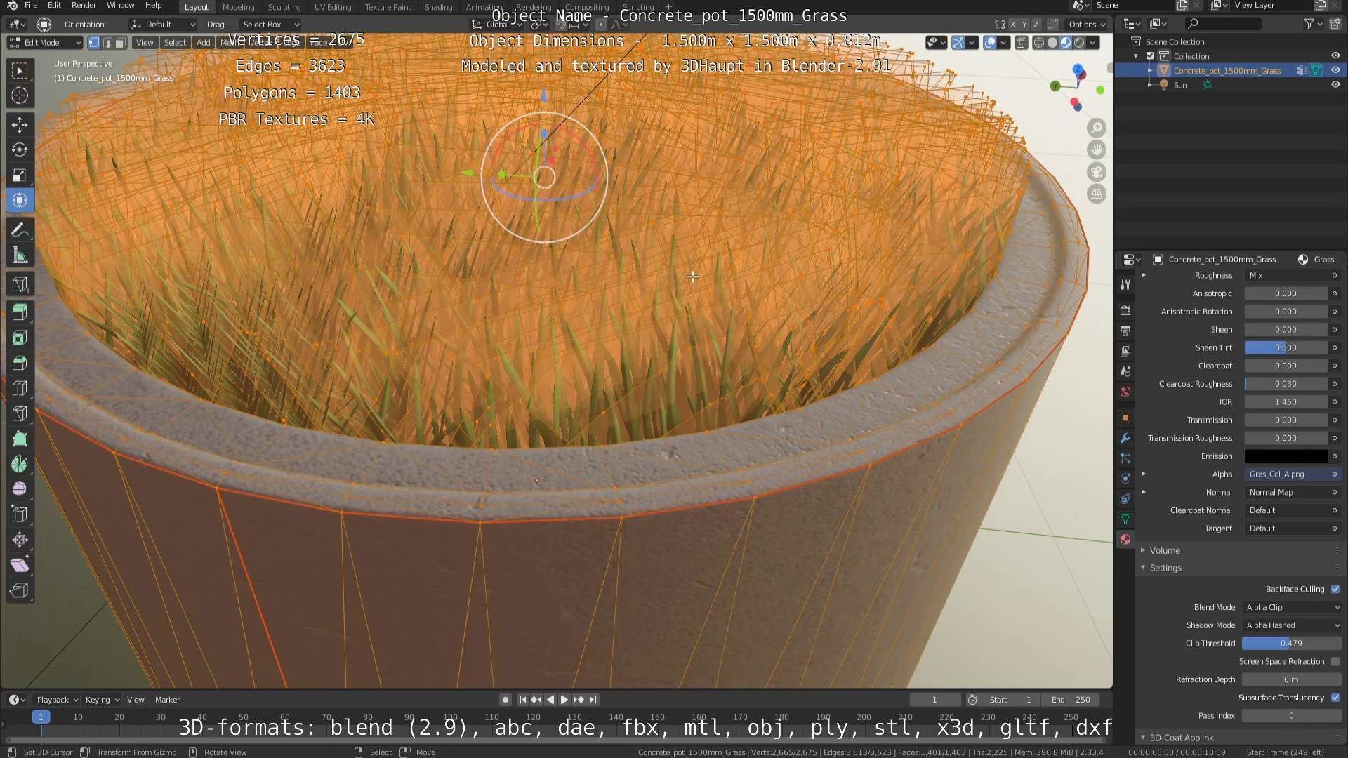 Concrete Pipe Pots with Grass 1500mm  Low-poly 3D model_40