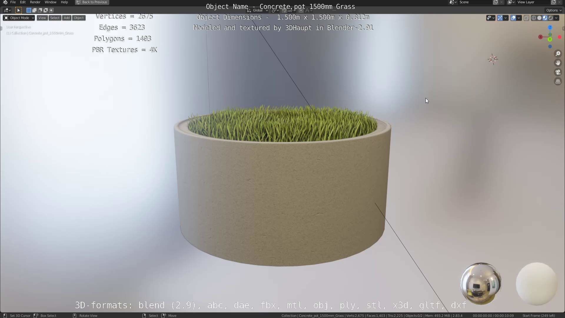 Concrete Pipe Pots with Grass 1500mm  Low-poly 3D model_3