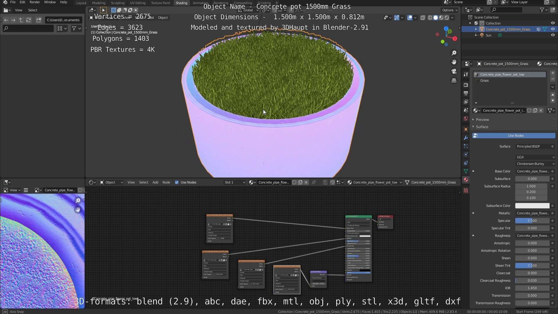 Concrete Pipe Pots with Grass 1500mm  Low-poly 3D model_49