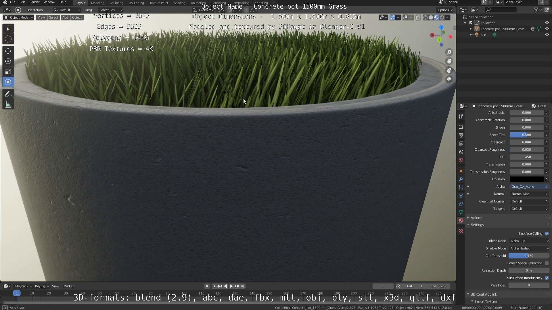Concrete Pipe Pots with Grass 1500mm  Low-poly 3D model_69