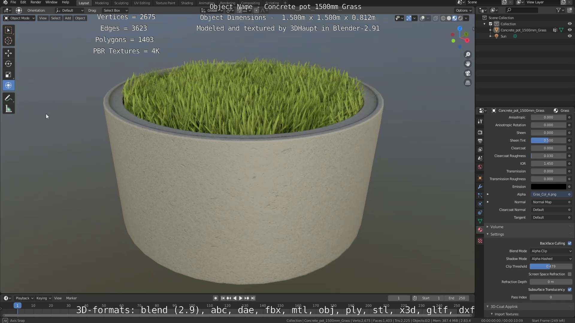 Concrete Pipe Pots with Grass 1500mm  Low-poly 3D model_68