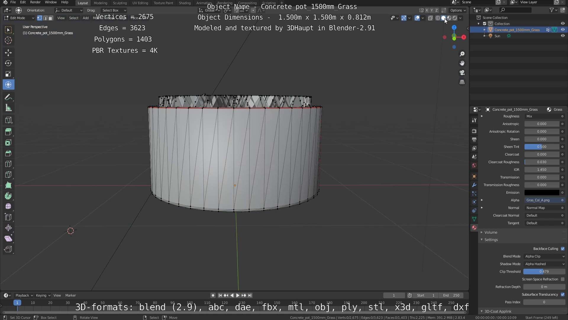 Concrete Pipe Pots with Grass 1500mm  Low-poly 3D model_82