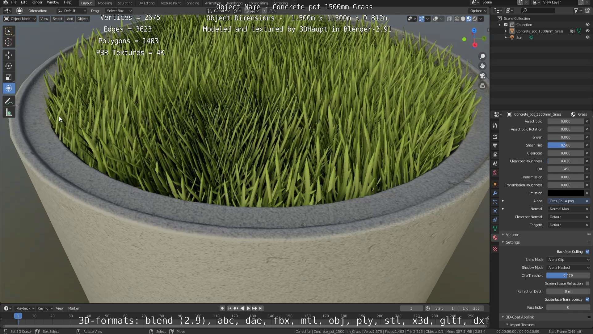 Concrete Pipe Pots with Grass 1500mm  Low-poly 3D model_33