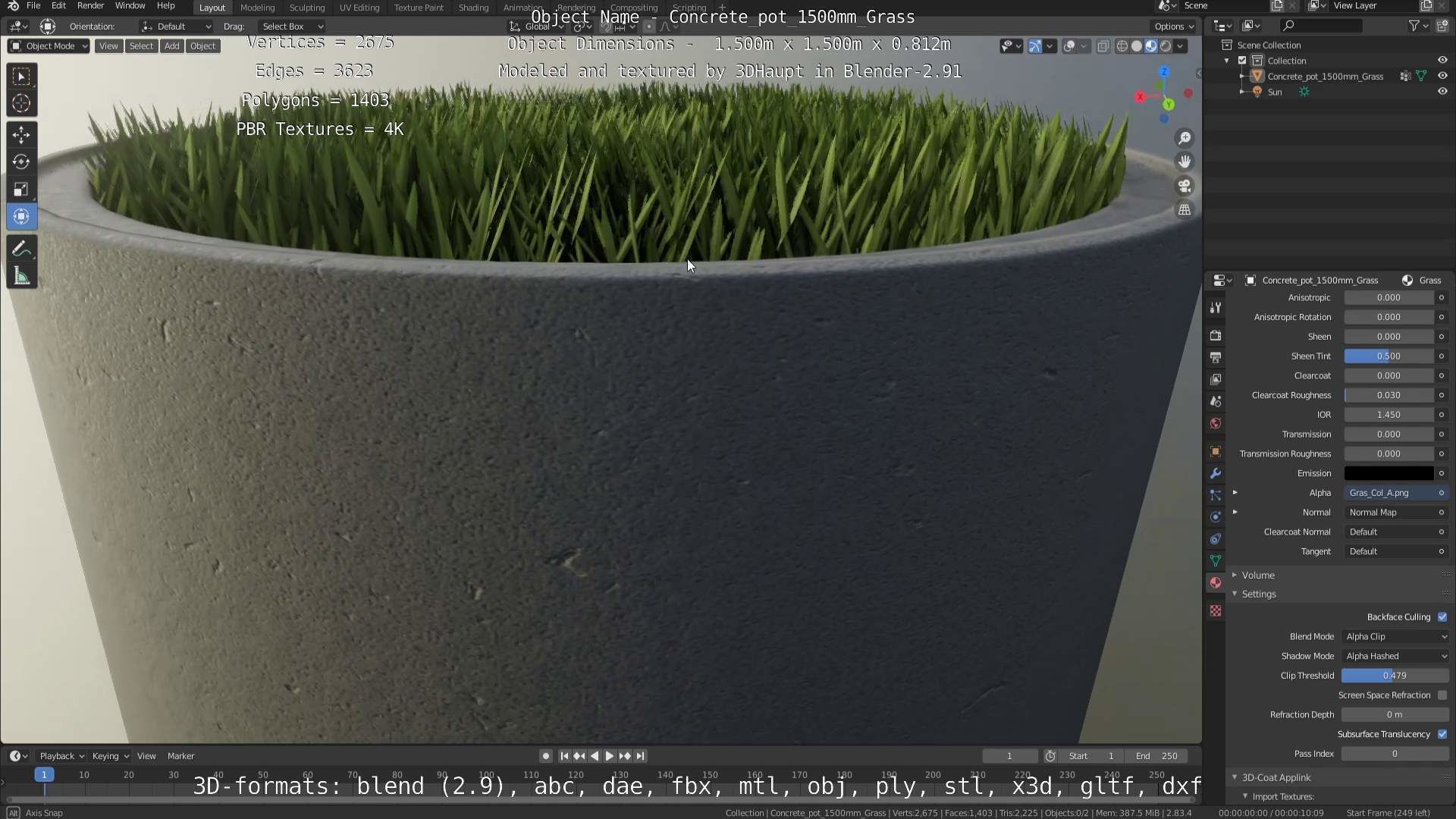 Concrete Pipe Pots with Grass 1500mm  Low-poly 3D model_70