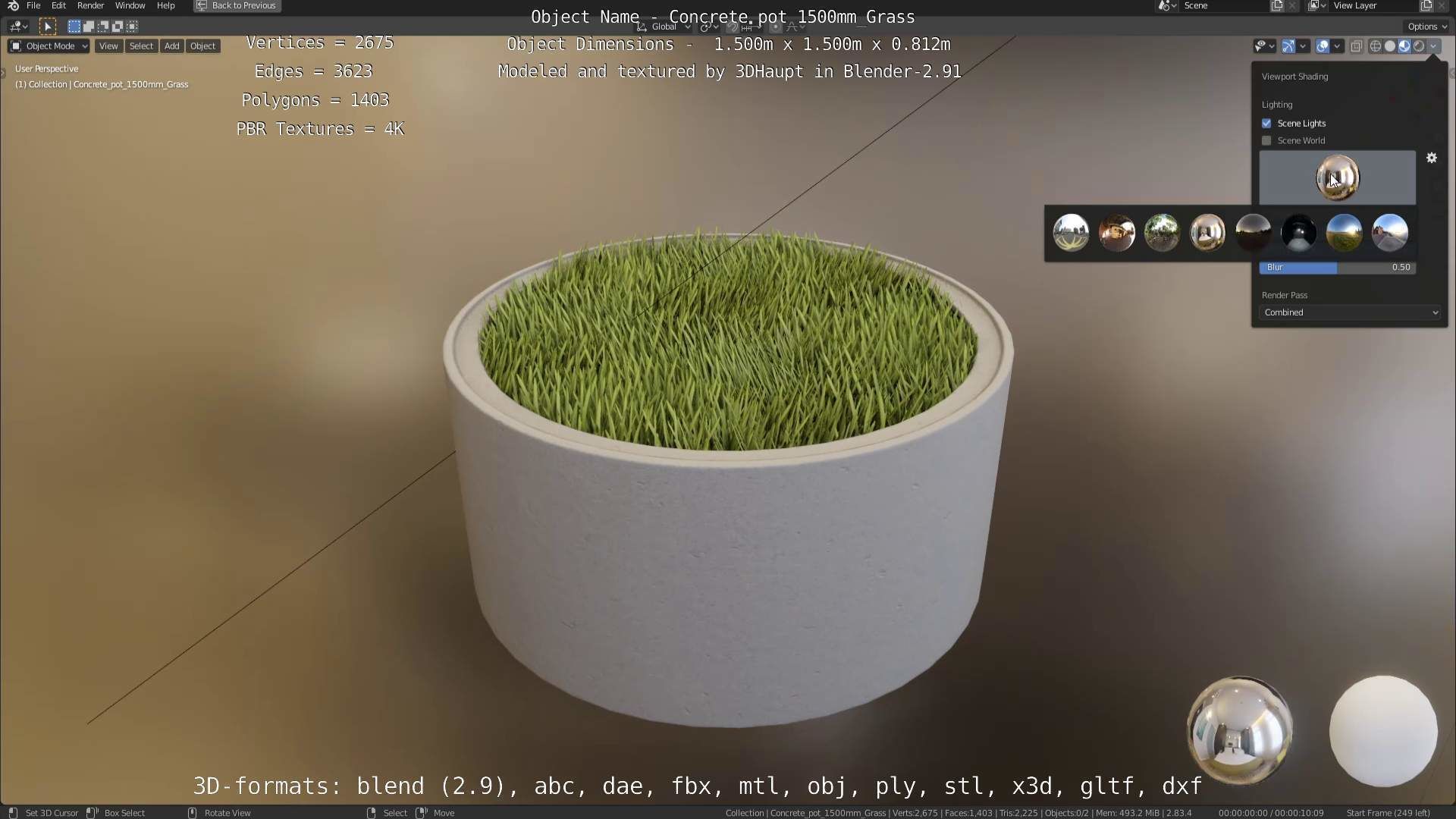 Concrete Pipe Pots with Grass 1500mm  Low-poly 3D model_87