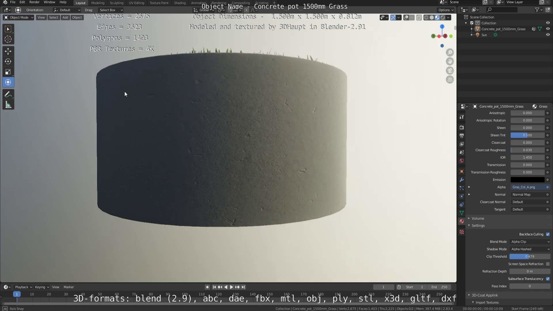 Concrete Pipe Pots with Grass 1500mm  Low-poly 3D model_30