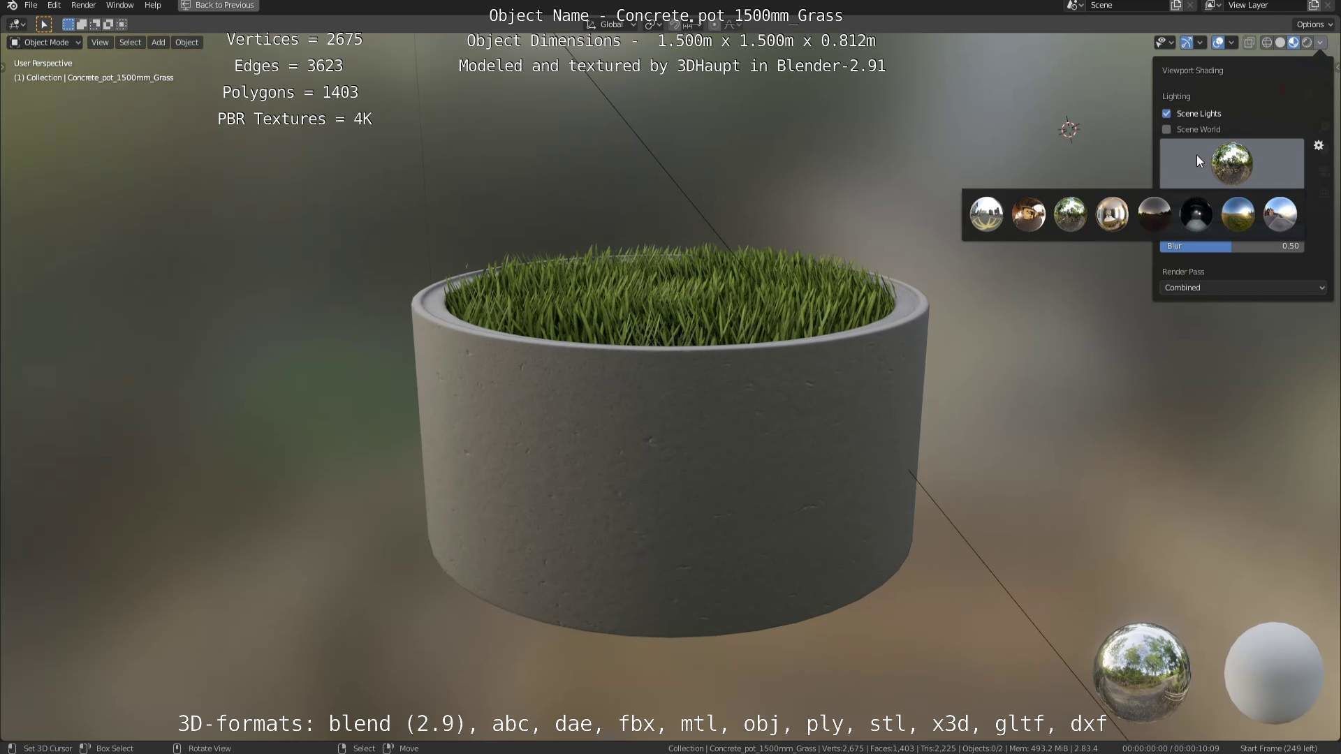 Concrete Pipe Pots with Grass 1500mm  Low-poly 3D model_54