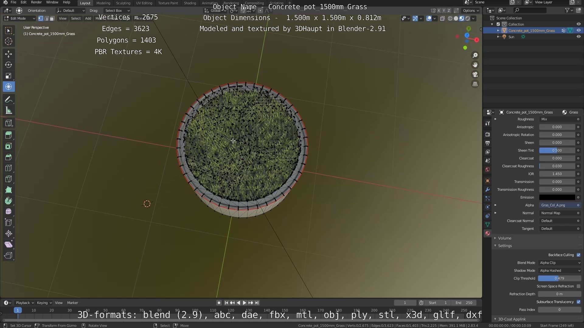 Concrete Pipe Pots with Grass 1500mm  Low-poly 3D model_106