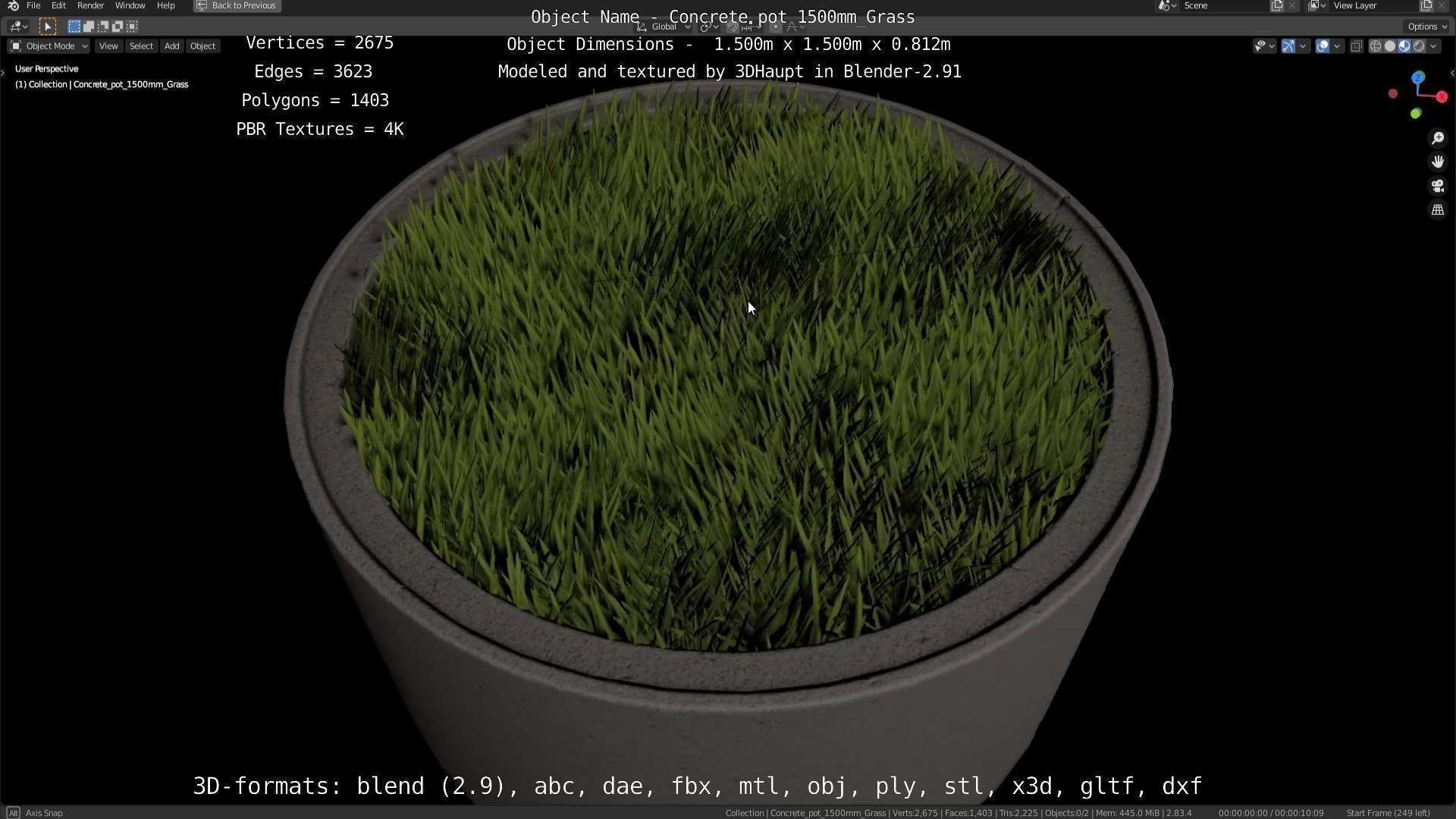 Concrete Pipe Pots with Grass 1500mm  Low-poly 3D model_12