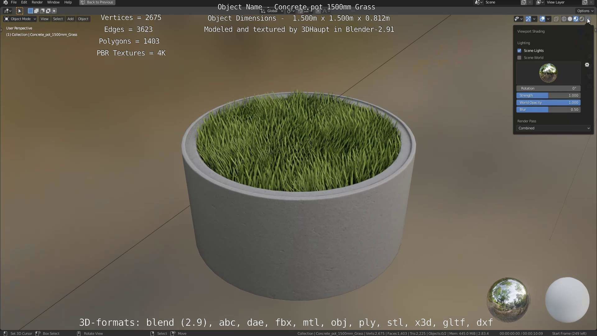 Concrete Pipe Pots with Grass 1500mm  Low-poly 3D model_14