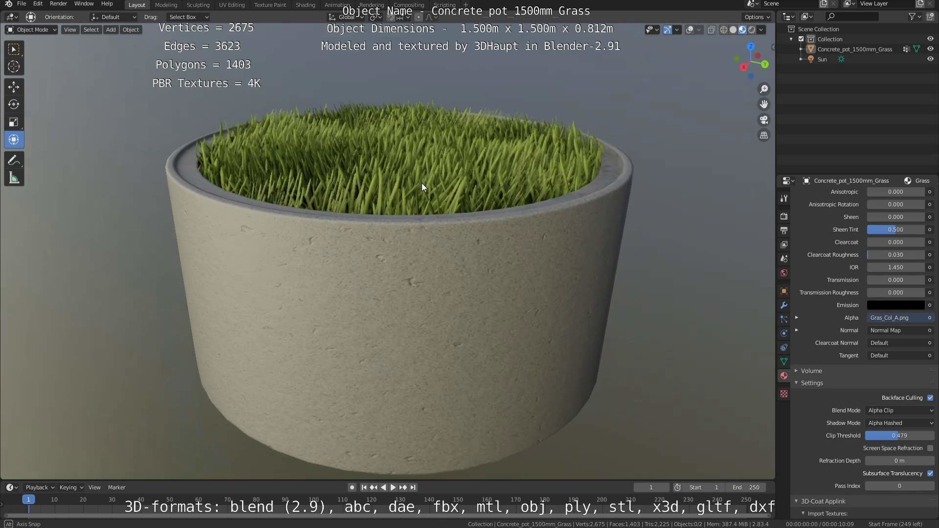 Concrete Pipe Pots with Grass 1500mm  Low-poly 3D model_65