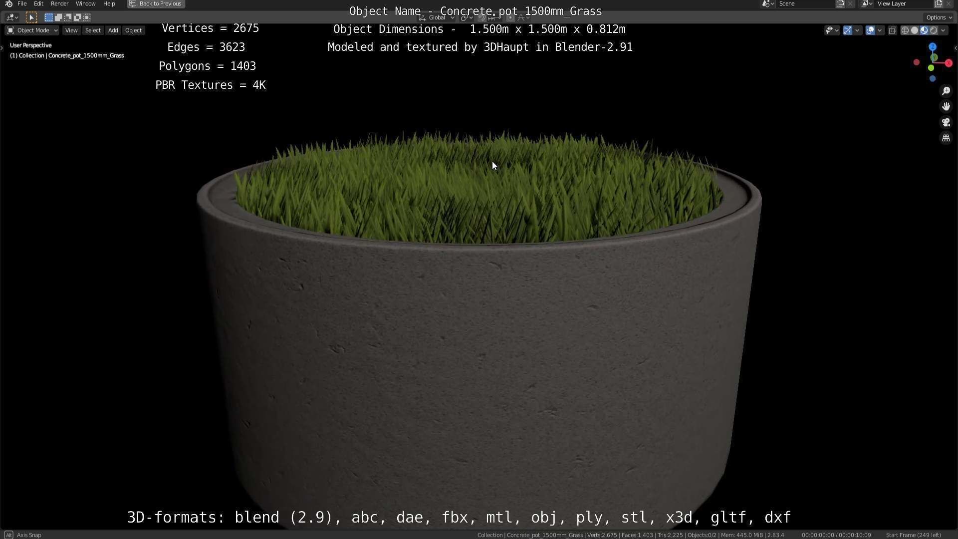Concrete Pipe Pots with Grass 1500mm  Low-poly 3D model_5