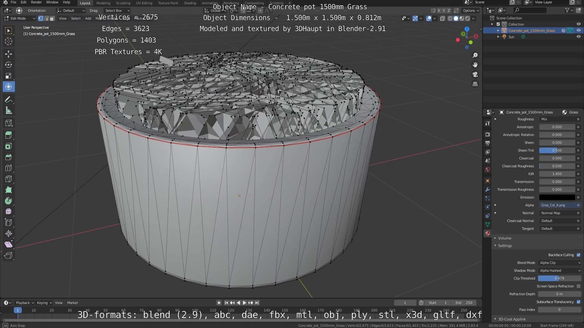 Concrete Pipe Pots with Grass 1500mm  Low-poly 3D model_44