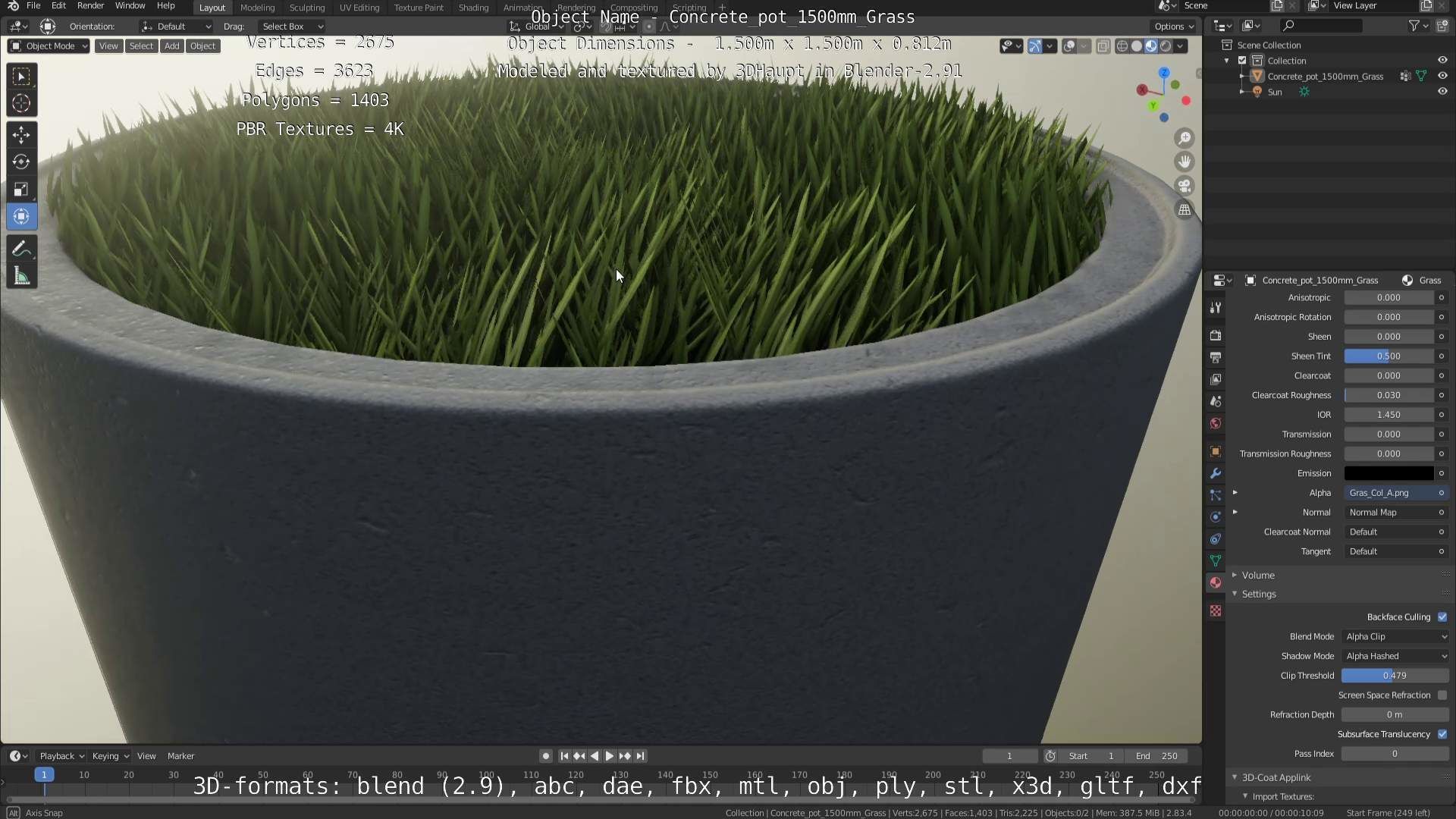 Concrete Pipe Pots with Grass 1500mm  Low-poly 3D model_62