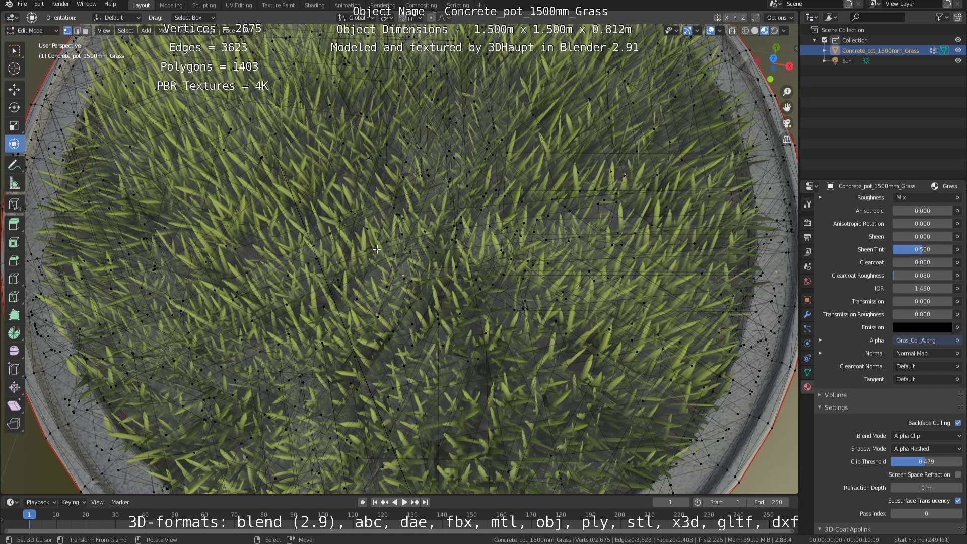 Concrete Pipe Pots with Grass 1500mm  Low-poly 3D model_101