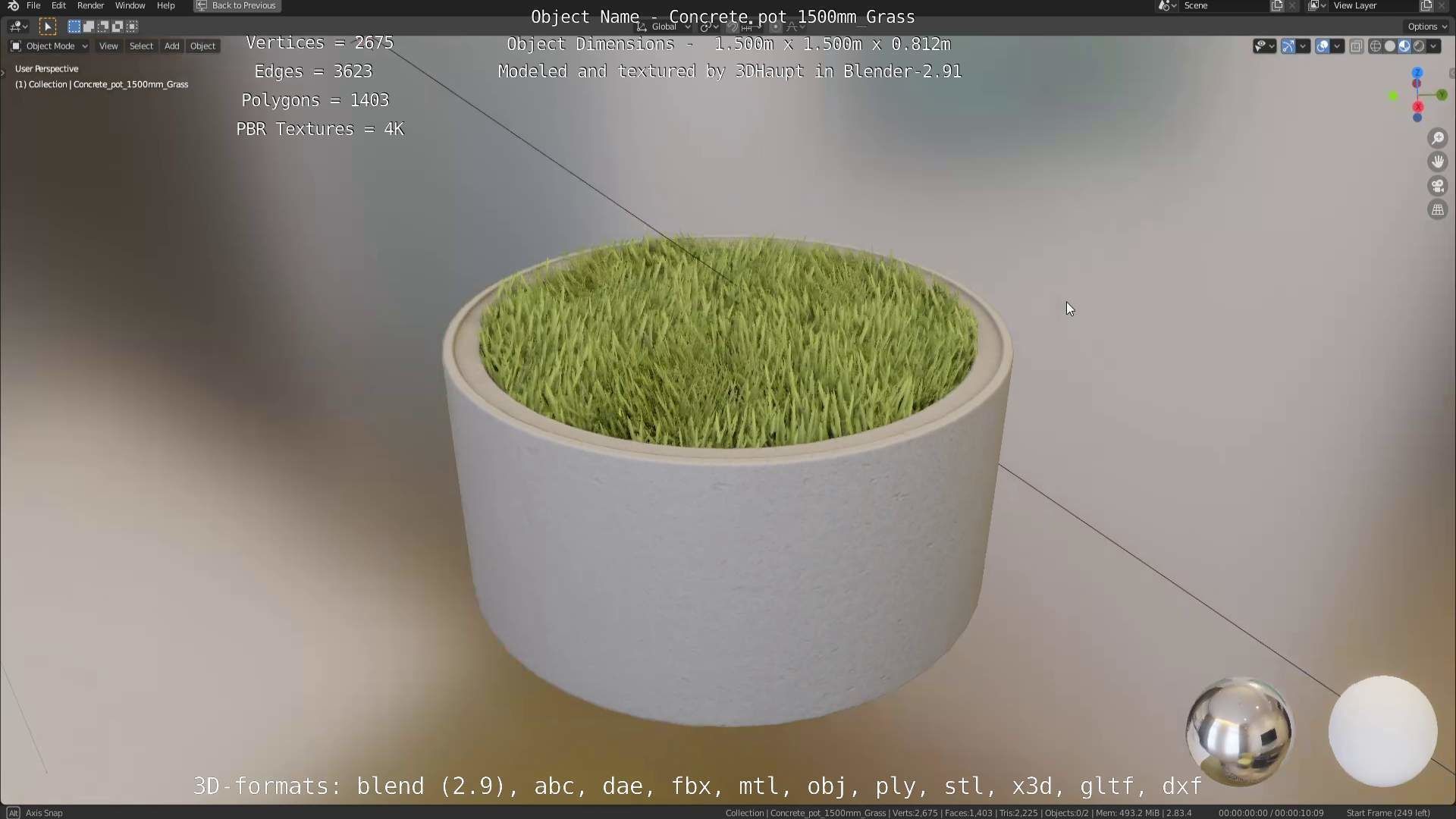 Concrete Pipe Pots with Grass 1500mm  Low-poly 3D model_4