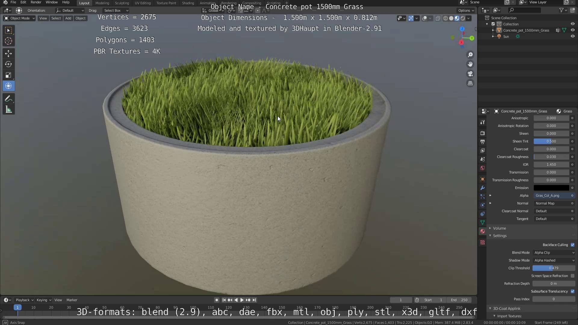 Concrete Pipe Pots with Grass 1500mm  Low-poly 3D model_58