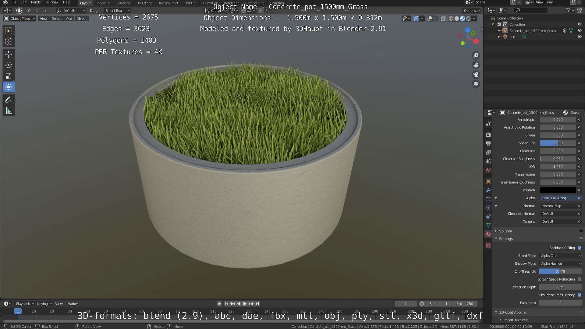 Concrete Pipe Pots with Grass 1500mm  Low-poly 3D model_63