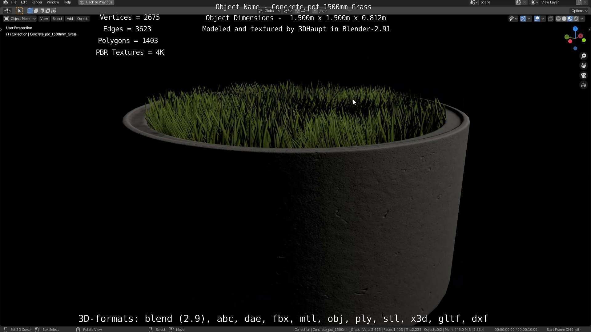 Concrete Pipe Pots with Grass 1500mm  Low-poly 3D model_11