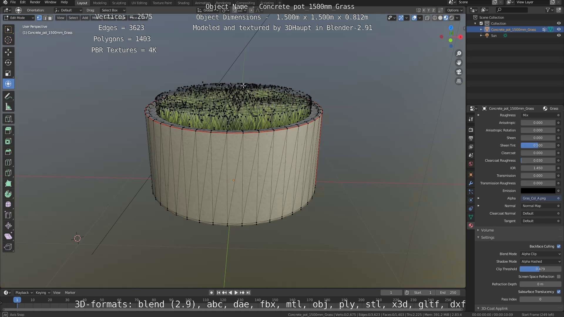 Concrete Pipe Pots with Grass 1500mm  Low-poly 3D model_80