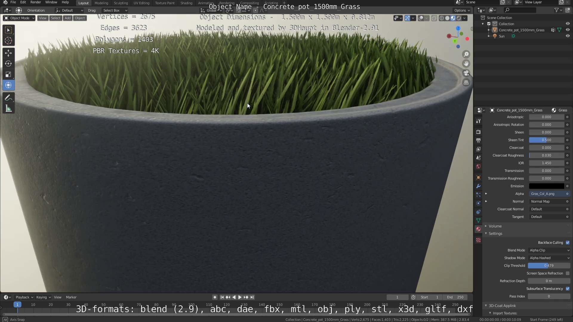 Concrete Pipe Pots with Grass 1500mm  Low-poly 3D model_71