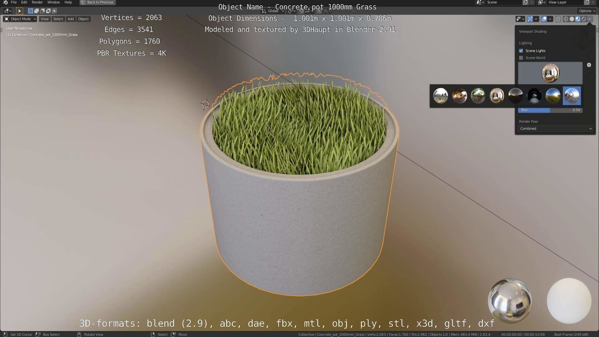 Concrete Pipe Pots with Grass 1000mm Low-poly 3D model_99