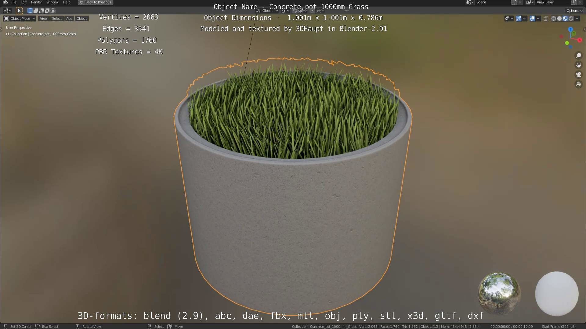 Concrete Pipe Pots with Grass 1000mm Low-poly 3D model_38