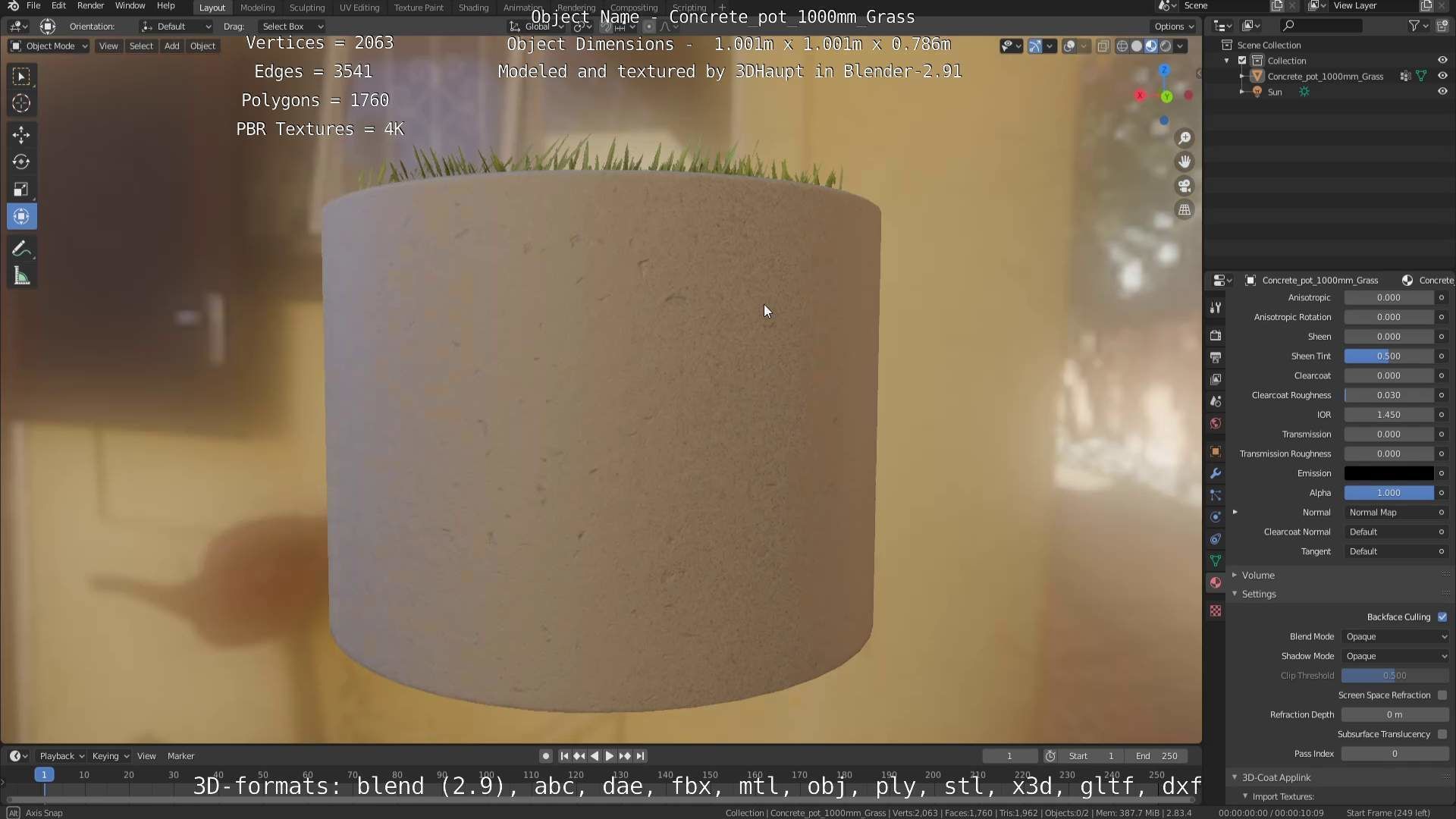 Concrete Pipe Pots with Grass 1000mm Low-poly 3D model_14
