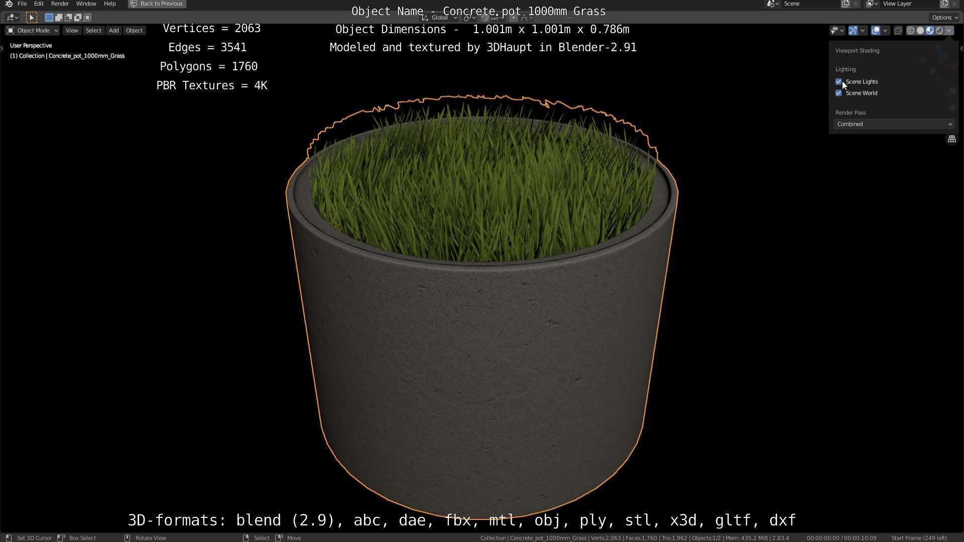Concrete Pipe Pots with Grass 1000mm Low-poly 3D model_23