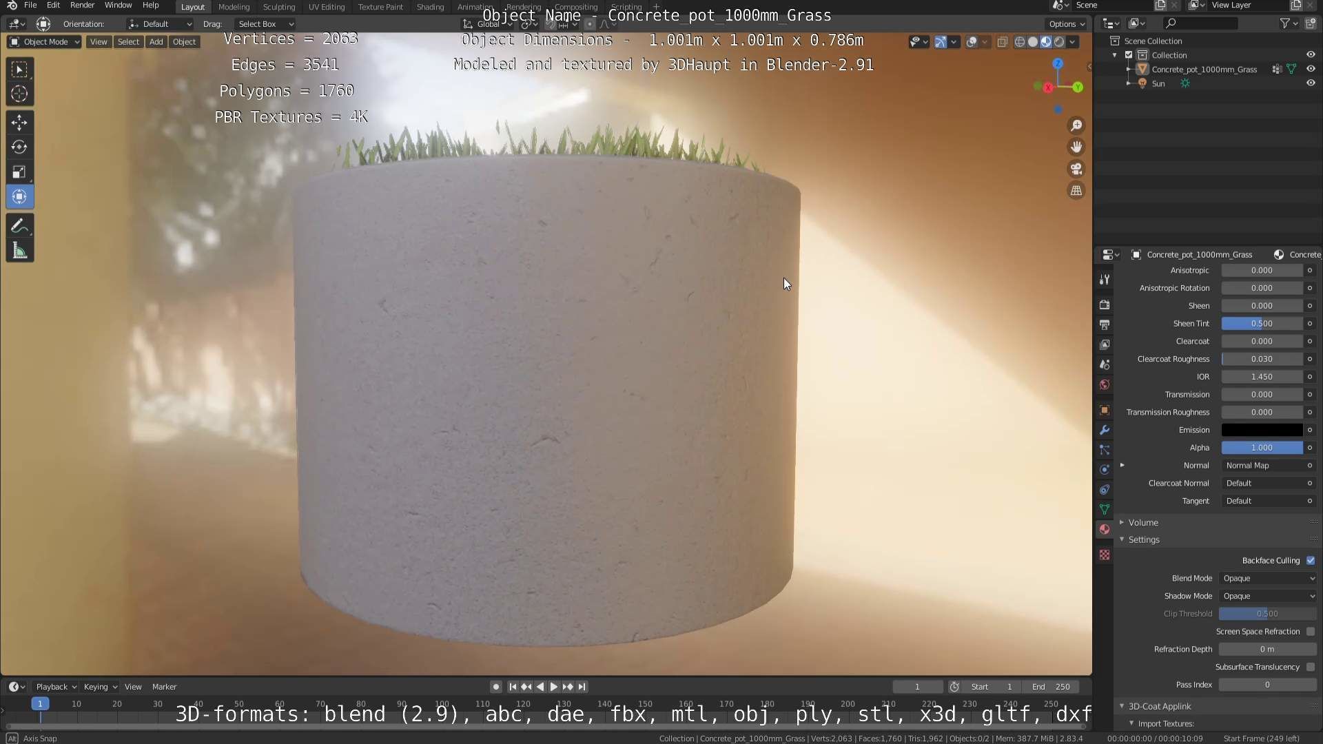 Concrete Pipe Pots with Grass 1000mm Low-poly 3D model_73