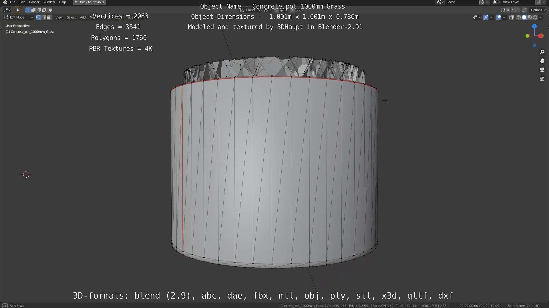 Concrete Pipe Pots with Grass 1000mm Low-poly 3D model_100