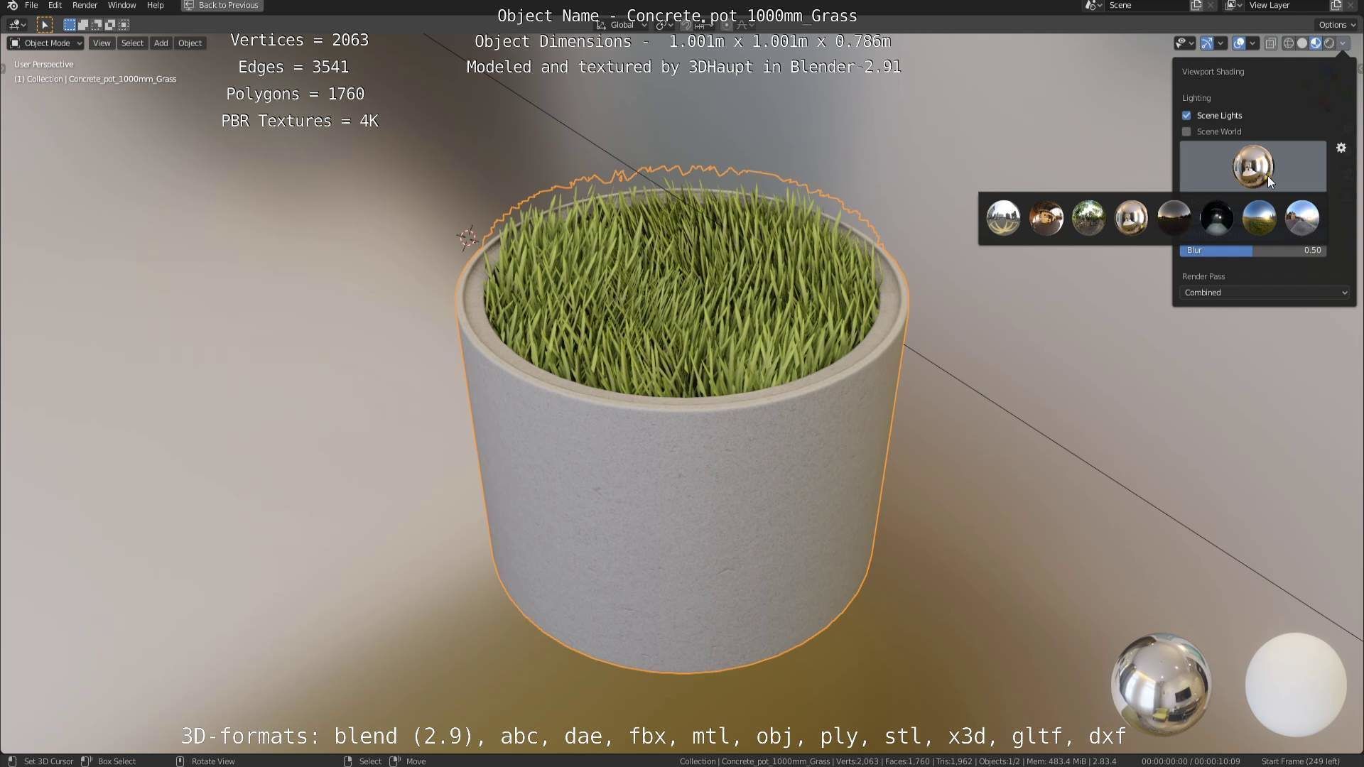 Concrete Pipe Pots with Grass 1000mm Low-poly 3D model_86