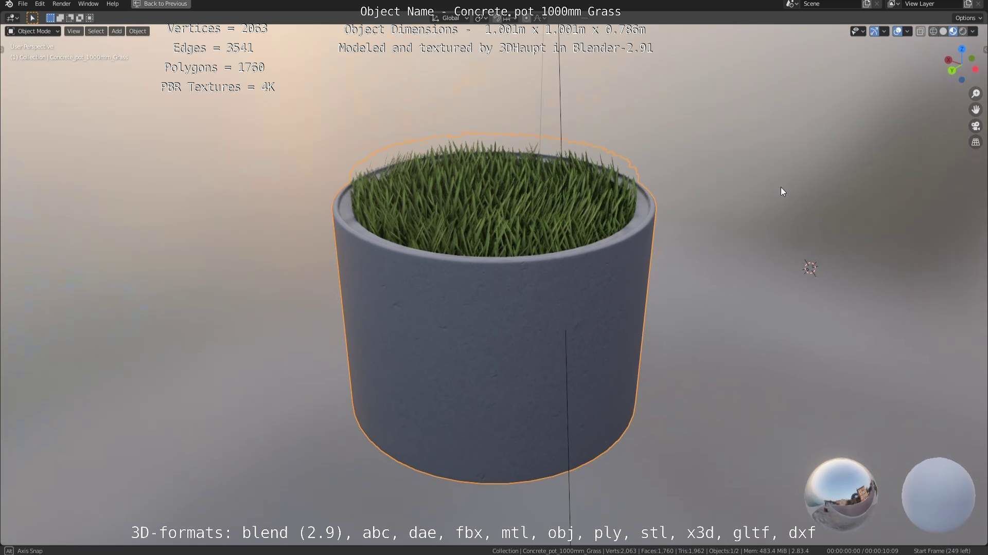 Concrete Pipe Pots with Grass 1000mm Low-poly 3D model_48