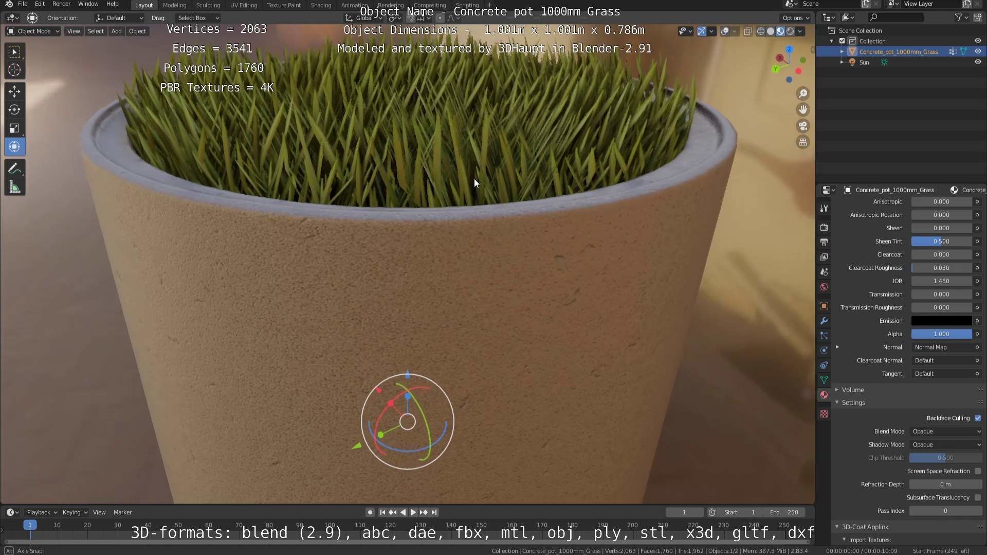 Concrete Pipe Pots with Grass 1000mm Low-poly 3D model_10
