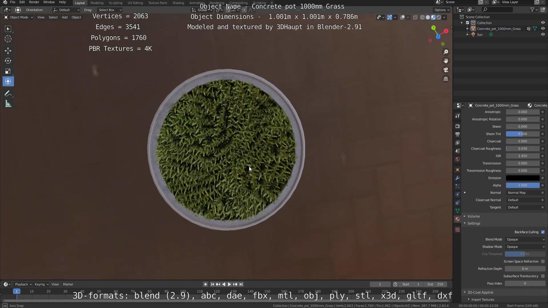 Concrete Pipe Pots with Grass 1000mm Low-poly 3D model_90