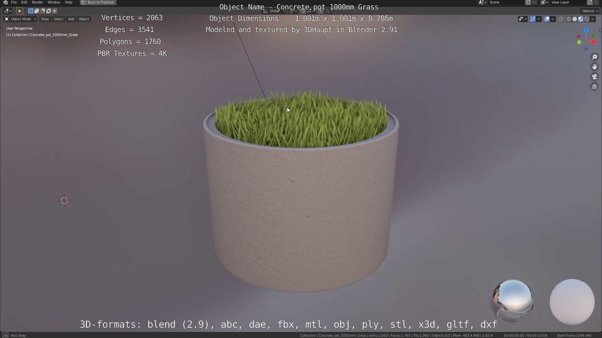 Concrete Pipe Pots with Grass 1000mm Low-poly 3D model_62