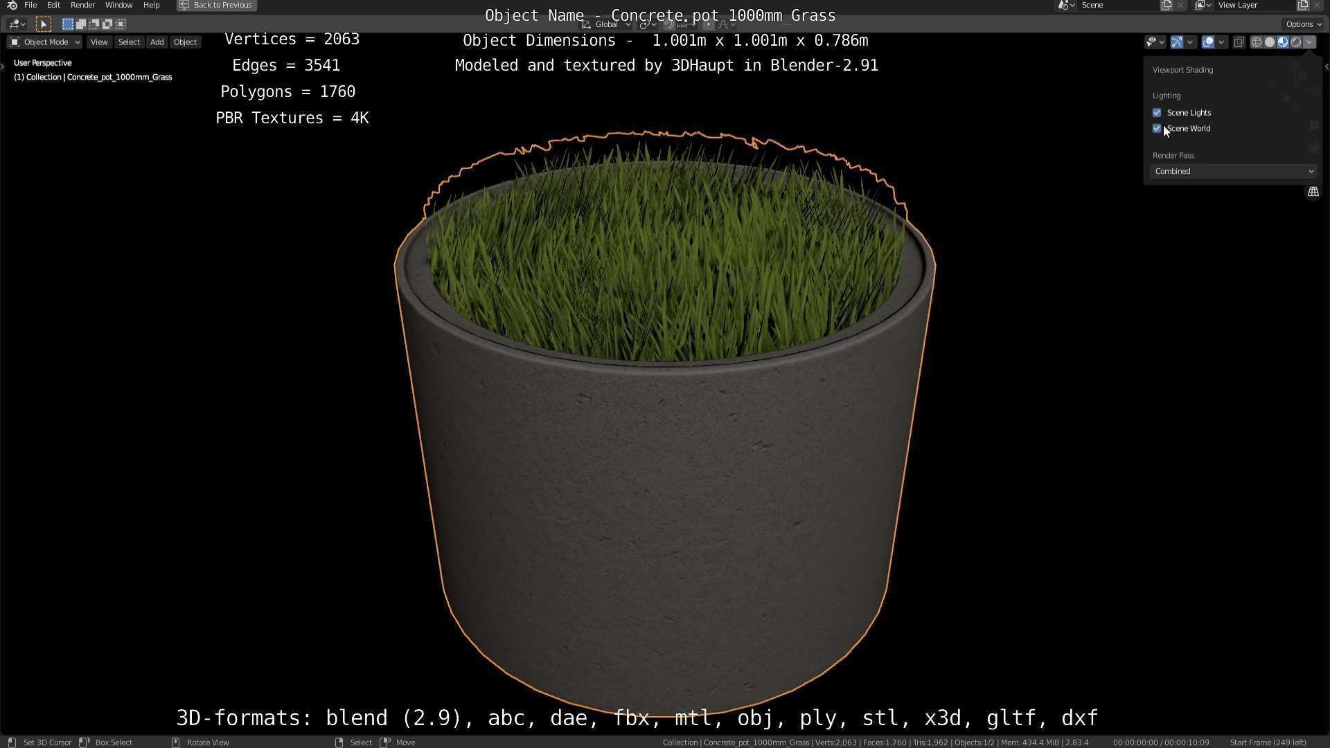 Concrete Pipe Pots with Grass 1000mm Low-poly 3D model_56