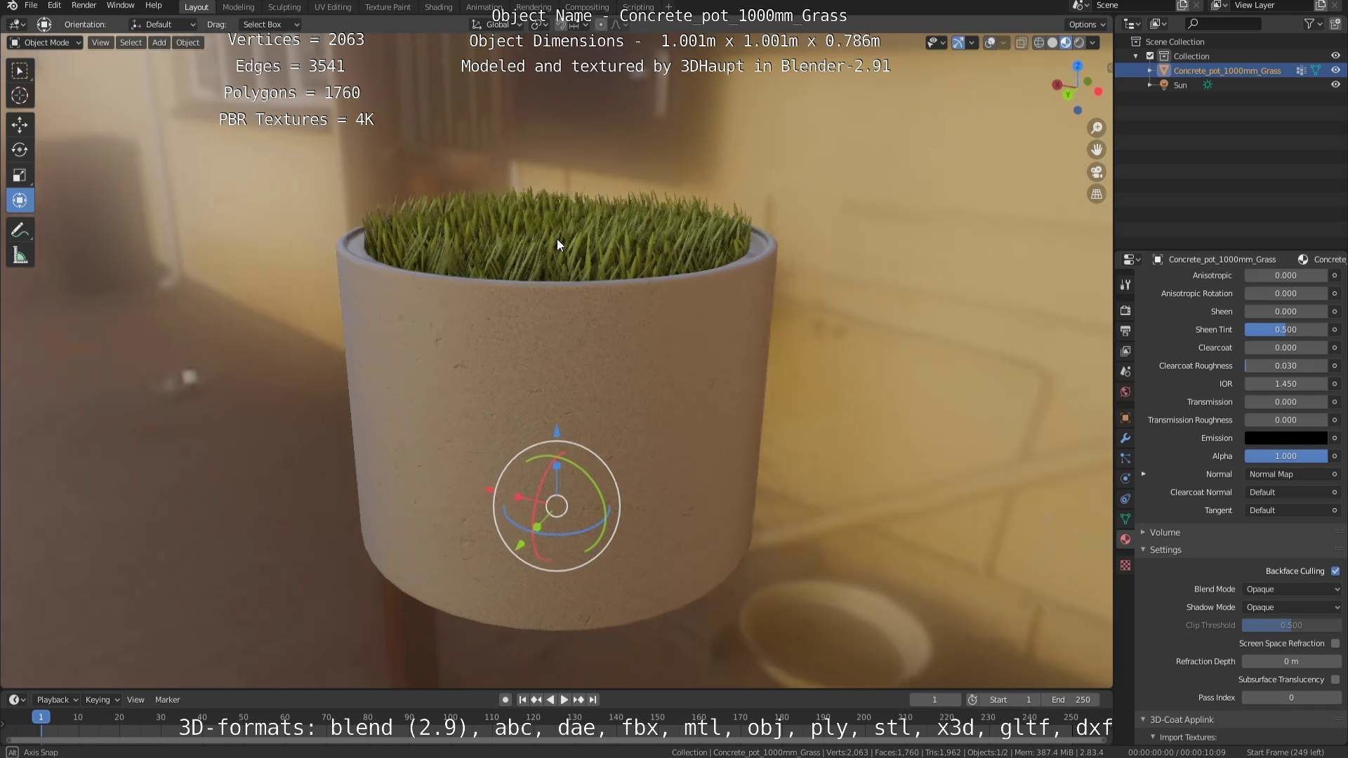 Concrete Pipe Pots with Grass 1000mm Low-poly 3D model_101