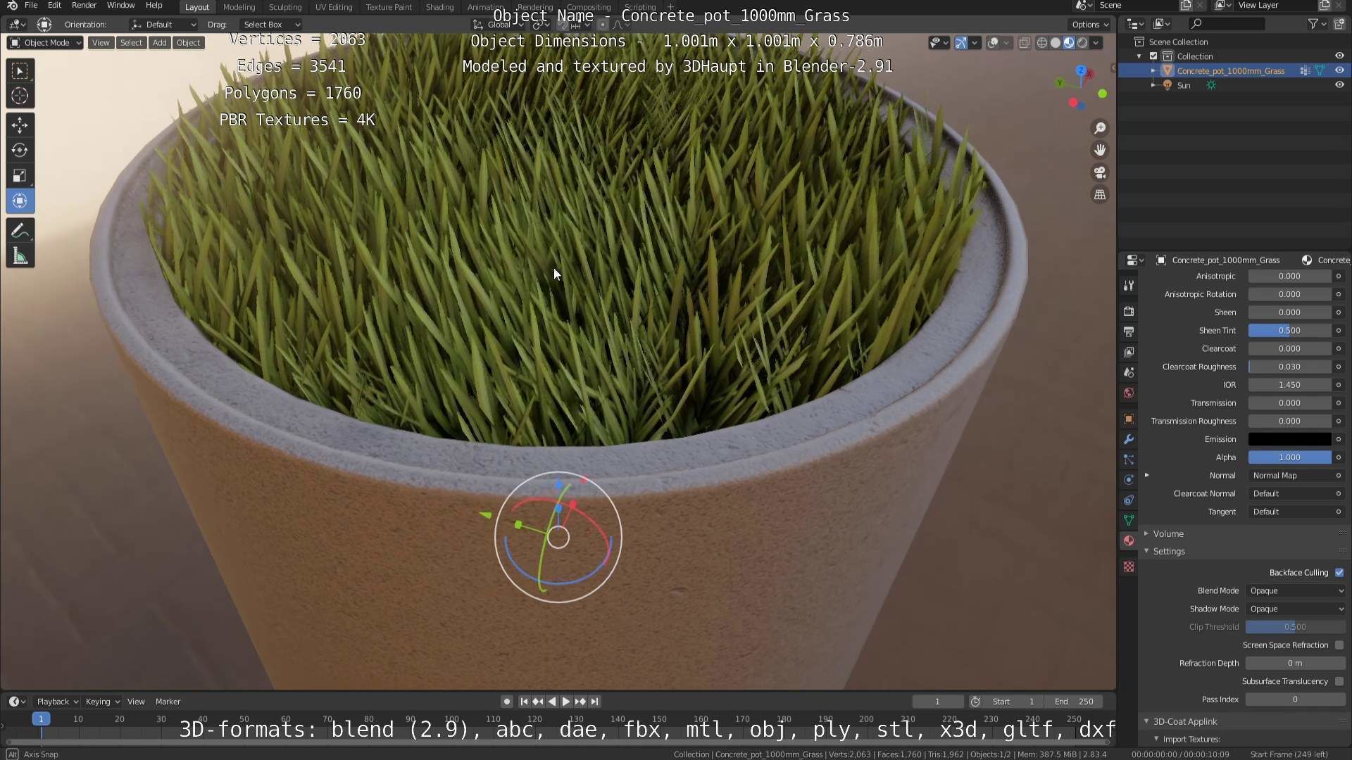 Concrete Pipe Pots with Grass 1000mm Low-poly 3D model_11